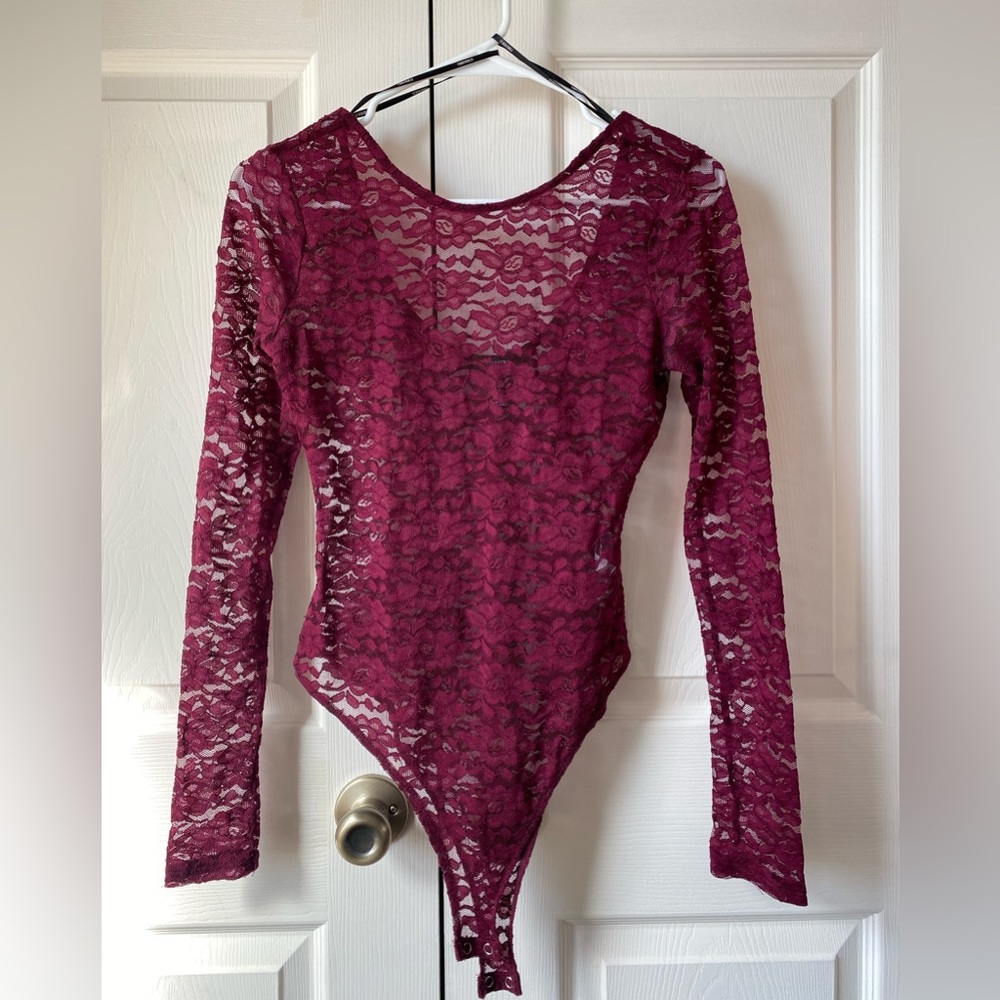 Forever 21 Maroon Long Sleeve Lace Bodysuit